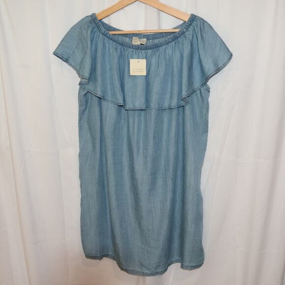 NWT Hinge Top One Size Blue Chambray Ruffled Elastic Neck - Picture 7 of 15